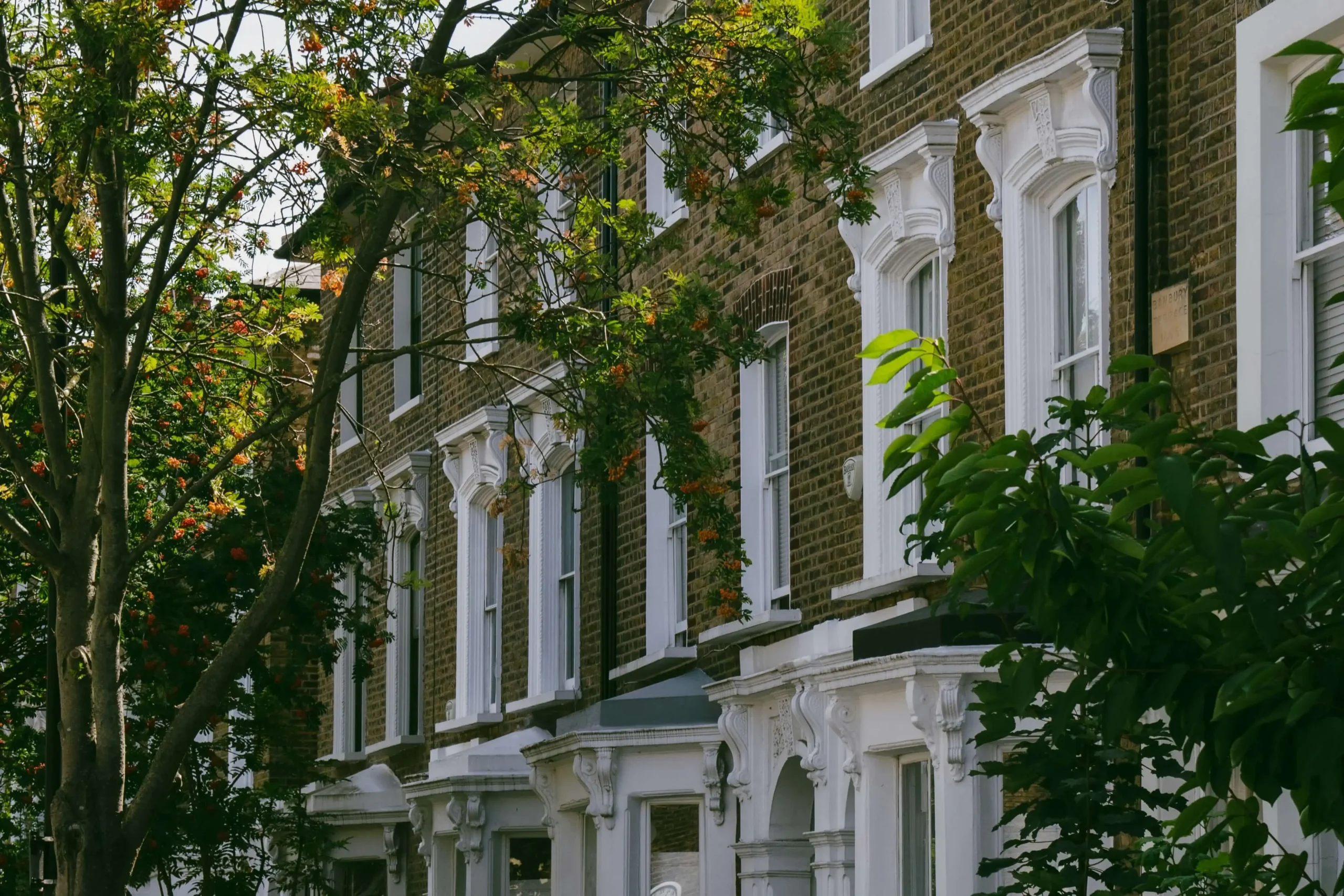 Historic row of brick townhouses with ornate white window trim and greenery.