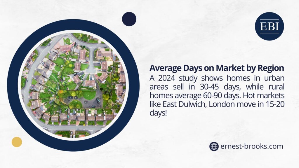 An aerial view of a neighborhood, with text from EBI about average days on market by region, showing urban homes sell in 30-45 days, rural in 60-90, and hot markets like East Dulwich, London in 15-20 days.