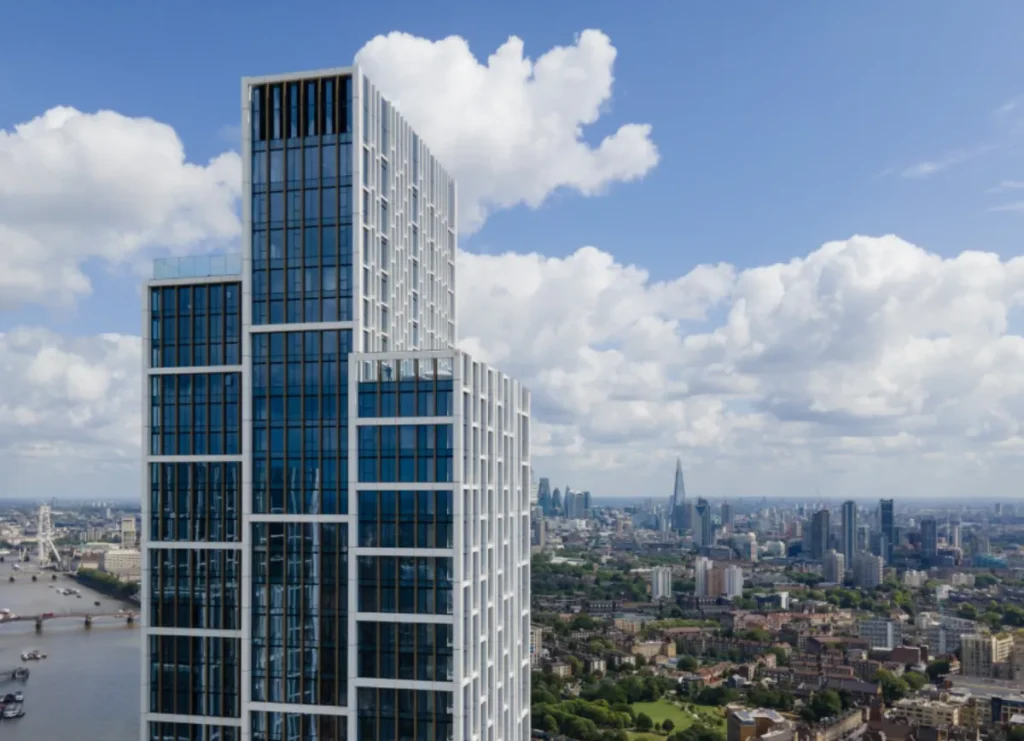 River Park Tower in Nine Elms with London skyline and River Thames in daytime