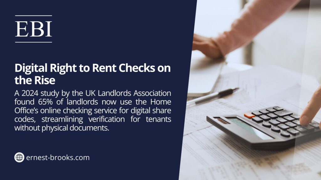 A hand using a calculator on documents, with text from ernest-brooks.com about a 2024 UK Landlords Association study finding 65% of landlords now use the Home Office's online checking service for digital share codes, streamlining tenant verification without physical documents.