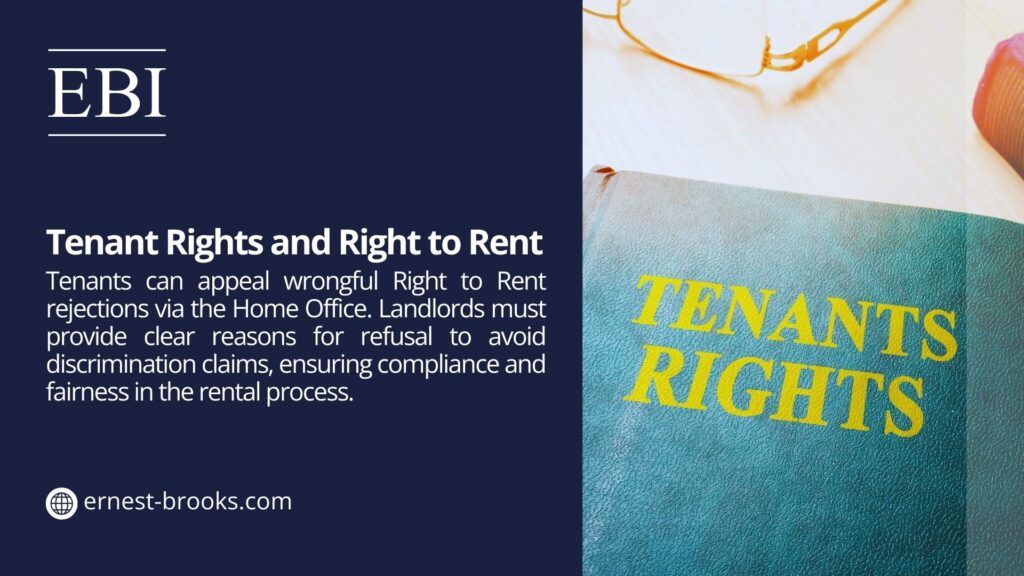 Image promoting tenant rights and Right to Rent, featuring a book with "Tenants Rights" text, glasses, and text noting tenants can appeal wrong rejections via the Home Office, with landlords required to provide clear refusal reasons to avoid discrimination.
