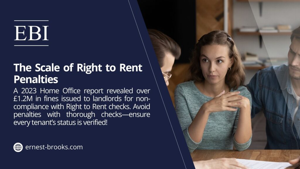 Two people reviewing documents, with text from ernest-brooks.com about a 2023 Home Office report revealing £1.2M in fines for landlords due to non-compliance with Right to Rent checks, urging thorough verification of tenant status.