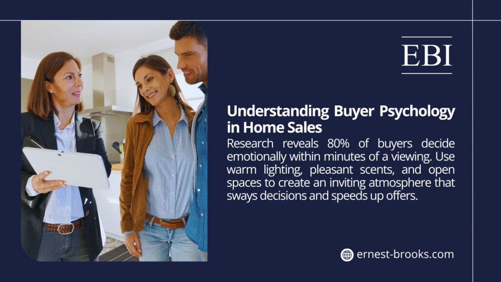 Three people in a modern kitchen discussing, with a focus on understanding buyer psychology in home sales, highlighted by warm lighting and open spaces.