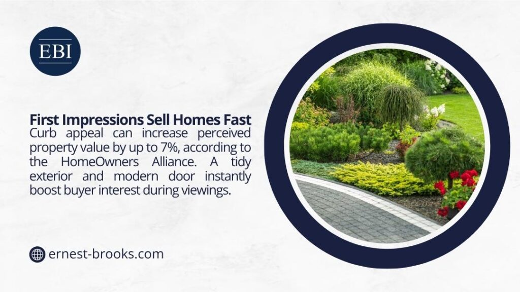 A well-maintained garden with a paved path and colorful plants, highlighting curb appeal to increase property value by up to 7%, per HomeOwners Alliance.