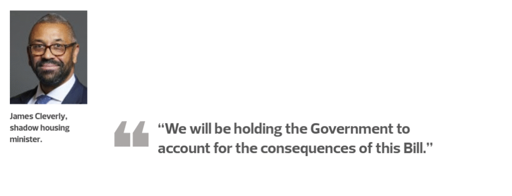 Quote from the shadow housing minister James Cleverly featuring his image.