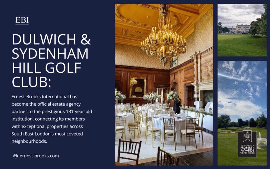 EBI official estate agency partner to prestigious 131-year-old Dulwich golf club with clubhouse interior and championship fairway images.