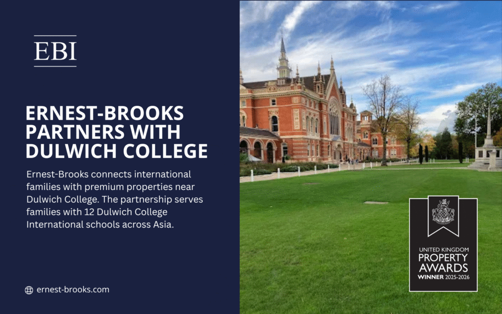 Ernest-Brooks International and Dulwich College partnership announcement with UK Property Awards 2025-2026 winner badge displayed over college building.