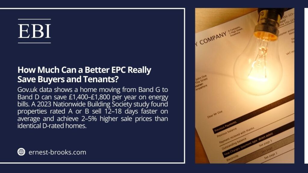 EBI graphic: How Much Can a Better EPC Really Save? Gov.uk data: Band G to D saves £1,400-£1,800/yr on bills. A/B-rated homes sell 12-18 days faster & up to 5% higher. Lightbulb on energy bill.