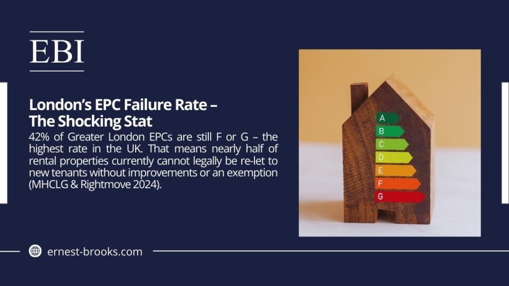 EBI graphic: London’s EPC Failure Rate – 42% of Greater London rentals still F or G rated (highest in UK). Nearly half cannot be legally re-let without upgrades. Wooden house with EPC chart.