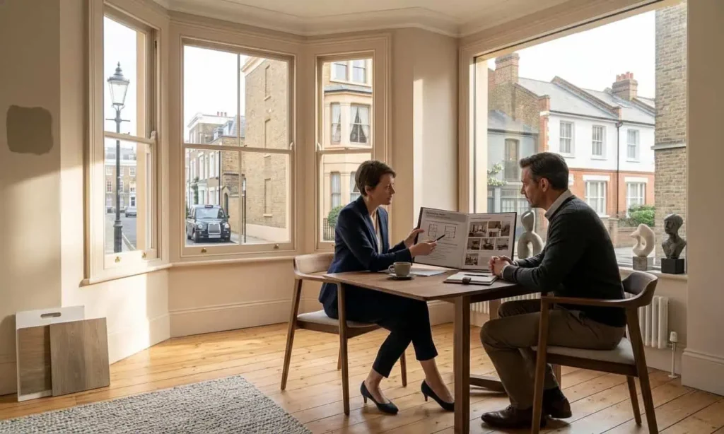 Premium London property before sale with an estate agent reviewing presentation and minor improvement opportunities with the owner; bright natural interior, professional editorial photography.